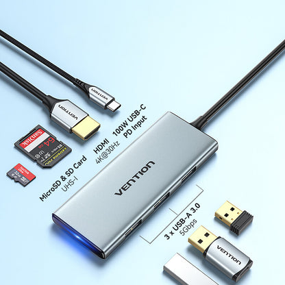 [CLEARANCE] Vention 7-in-1 USB-C to HDMI/USB3.0x3/SD/TF/PD Multiport Adapter Docking Station 4K 30Hz HD with 5Gbps Data High Speed, 100W PD Power Delivery for PC, Laptop, Computer, Projector | TOPHB