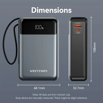 Vention 20000mAh 65W Fast Charging Power Bank with Built-in Cable, Lanyard Design, LED Digital Battery Display and Up to 3 Devicess
