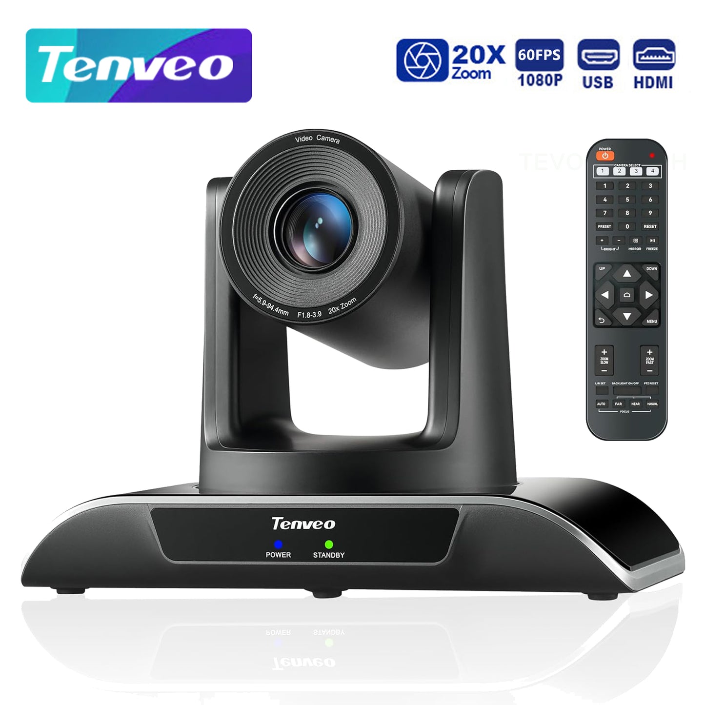 Tenveo Tevo 3X / 10X / 20X Zoom 2MP 1080p Full HD PTZ Video Conference Camera - USB 3.0 / HDMI / RS232 / RS485 with IR Remote Control for Business Meeting, Events, Church, Online, Education, and Training Video Recording | TENVEO VHDPRO