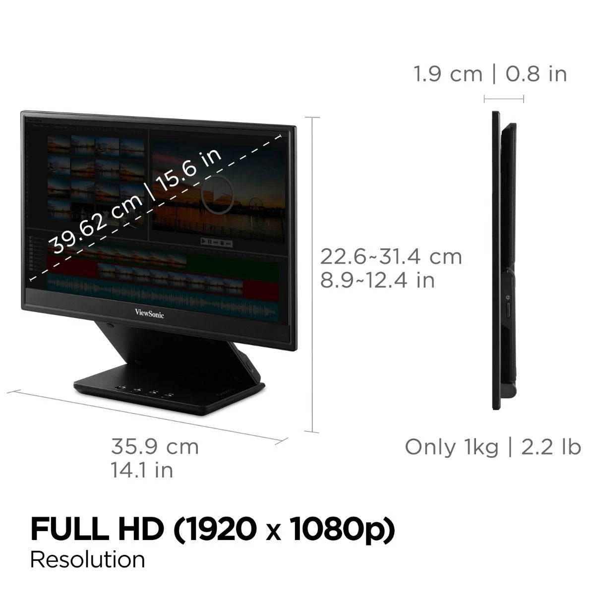 [CLEARANCE] ViewSonic VP16-OLED 15.5" FHD 60Hz Portable Display Monitor with USB-C, Micro-HDMI, 3.5mm Audio Jack, USB-C 40W PD Ports for Laptop, Camera, Camcorder, Portable Gaming Console, MacBook, etc. - Supports Windows & macOS