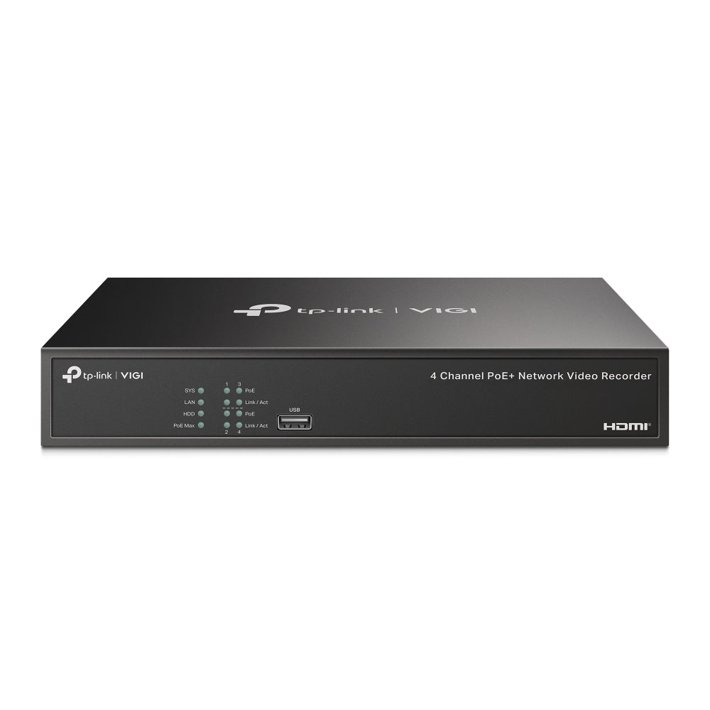 TP-Link VIGI NVR1004H-4P 4 Channel Live View 53W PoE+ Network Video Recorder 4K HDMI Output, Sync Playback, H.265+ Video Coding, ONVIF and SMART Detection and SATA Port with Max 10TB Storage for Security and Live Surveillance