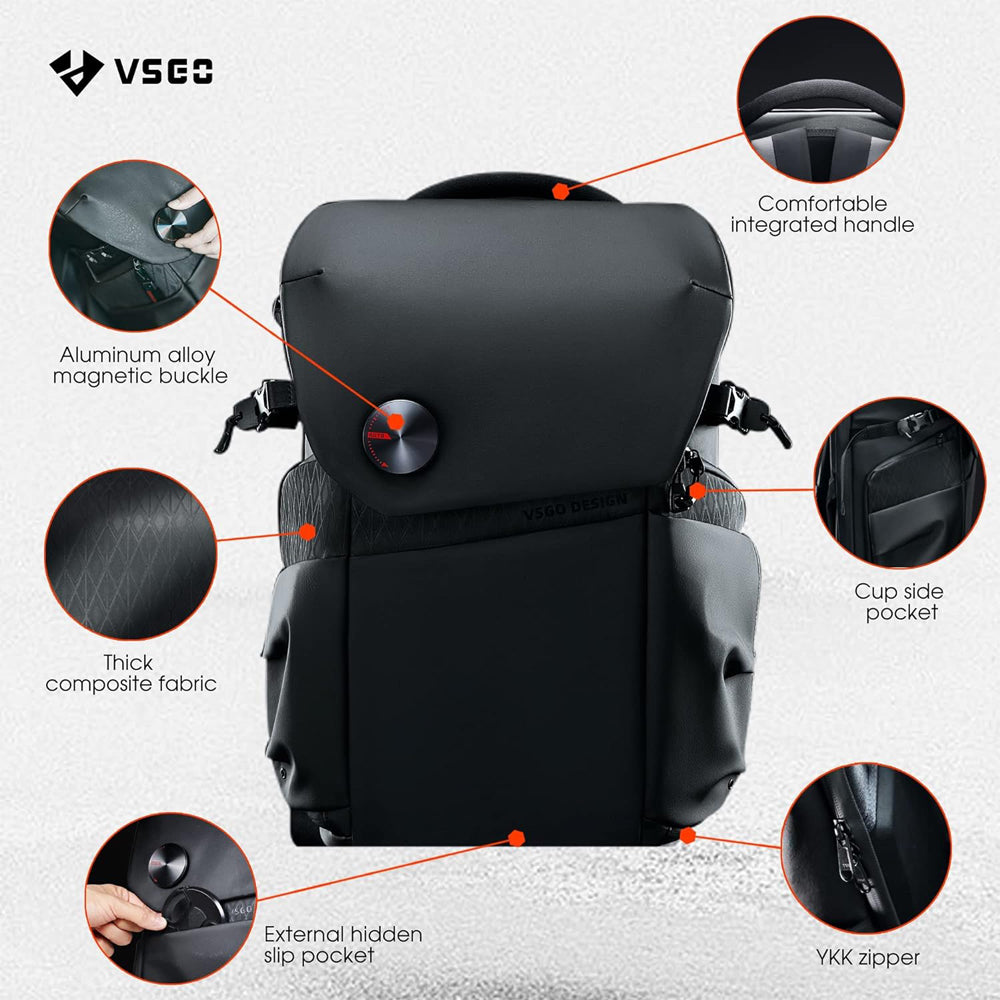 VSGO V-BP01 Black Snipe 20L Camera Backpack with FIDLOCK Magnetic Button, 15-inch Laptop Compartment, Anti-Theft Dock Zipper, Quick Access Side Pockets for Tablet, Drones, Tripod, Lens, DSLR/SLR, Mirrorless Camera & Accessories
