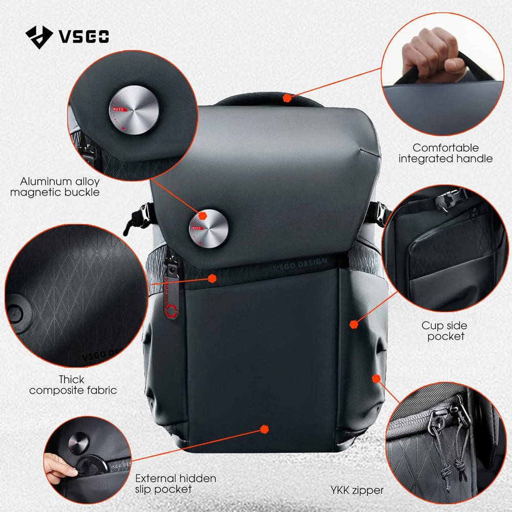VSGO V-BP02 Black Snipe 16L Camera Backpack with FIDLOCK Magnetic Button, 15-inch Laptop Compartment, Anti-Theft Dock Zipper, Quick Access Side Pockets for Tablet, Drones, Tripod, Lens, DSLR/SLR, Mirrorless Camera & Accessories
