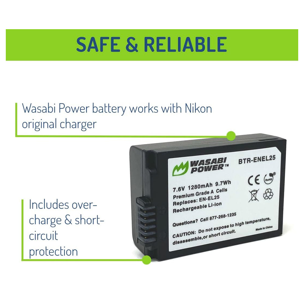 Wasabi Power EN-EL25 Rechargeable Replacement Camera Battery 7.6V 1280mAh for Nikon Z 30, Nikon Z 50, Nikon Z fc Mirrorless Camera | BTR-ENEL25