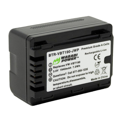 Wasabi Power VW-VBT190 VWVBT190 (2 Pack) 3.6V 1940mAh Camcorder Battery and Charger Kit with Power Indicator, Built-In Fold Out US Plug, Car Charger & Euro Plug Adapter for Panasonic VW-VBK180 and HC-V110 HC-V510 V770K W580K HC-WXF991 Video Camera
