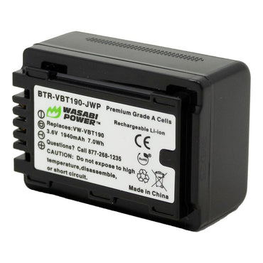 Wasabi Power VW-VBT190 VWVBT190 (2 Pack) 3.6V 1940mAh Camcorder Battery and Charger Kit with Power Indicator, Built-In Fold Out US Plug, Car Charger & Euro Plug Adapter for Panasonic VW-VBK180 and HC-V110 HC-V510 V770K W580K HC-WXF991 Video Camera