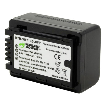 Wasabi Power VW-VBT190 VWVBT190 (2 Pack) 3.6V 1940mAh Camcorder Battery and Charger Kit with Power Indicator, Built-In Fold Out US Plug, Car Charger & Euro Plug Adapter for Panasonic VW-VBK180 and HC-V110 HC-V510 V770K W580K HC-WXF991 Video Camera