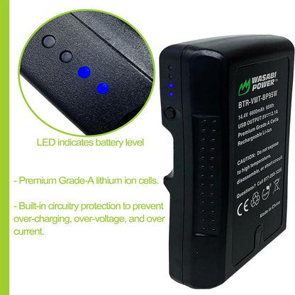 Wasabi Power BP95W 14.4V 6600mAh V-Mount Lithium-Ion Battery with Power Indicators, D-Tap and USB 2.1A Ports for Professional Blackmagic Ursa Mini and Epic Cinema Camera