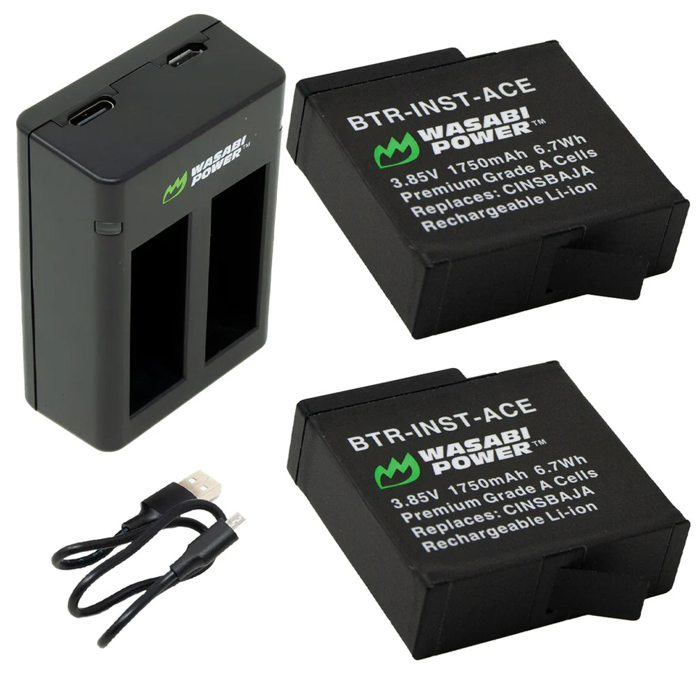 Wasabi Power Insta360 Ace / Ace Pro Action Camera Batteries (1750mAh) and Dual USB Charger Kit - Battery Replaces CINSBAJA