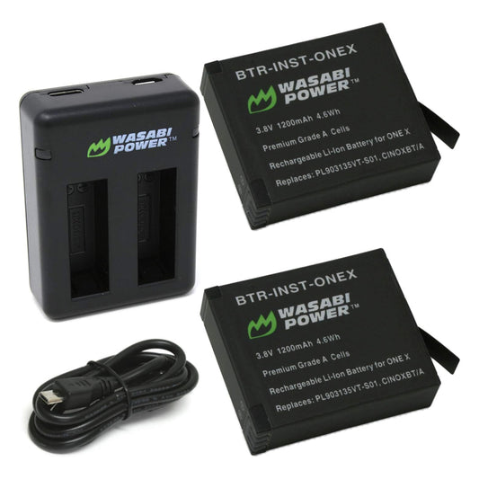 Wasabi Power InstaOneX-Batt (2 Pack) 3.8V 1200mAh Battery and Dual USB Charger Kit with Micro / USB Type-C Ports for Insta360 One X Action Camera