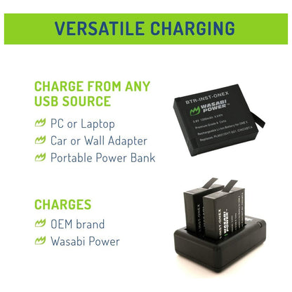 Wasabi Power InstaOneX-Batt (2 Pack) 3.8V 1200mAh Battery and Dual USB Charger Kit with Micro / USB Type-C Ports for Insta360 One X Action Camera