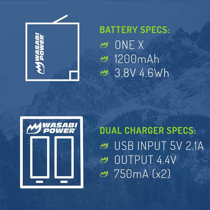 Wasabi Power InstaOneX-Batt (2 Pack) 3.8V 1200mAh Battery and Dual USB Charger Kit with Micro / USB Type-C Ports for Insta360 One X Action Camera