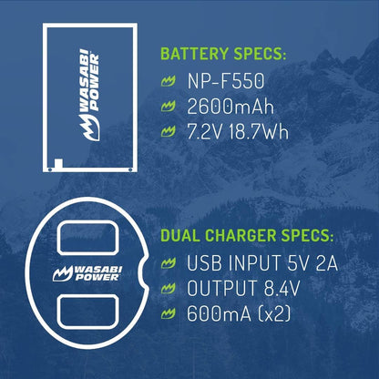 [CLEARANCE] Wasabi Power NP-F550 Dual Battery USB Charger with LCD Display for Select Sony L and M Series NP-F330, NP-F530, NP-F570 and HDR-AX2000, HDR-FX1 Digital Video Camera | LCH-DC-FM50