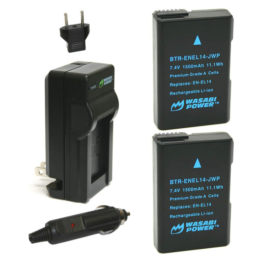 Wasabi Power EN-EL14 ENEL14 (2 Pack) 7.4V 1500mAh Fully Decoded Battery and Charger Kit w/ Power Indicator, Built-In Fold Out US Plug, Car Charger and EU Plug Adapter for Nikon EN-EL14a, MH-24 and Coolpix P7000 D31000 D5600 and Df Digital Camera