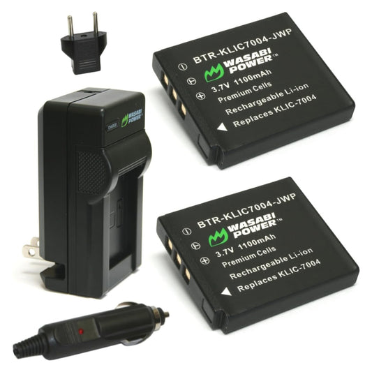 Wasabi Power KLIC-7004 (2 Pack) 3.7V 1100mAh Battery and Charger Kit with Power Indicator, Built-In Fold Out US Plug, Car Charger and Euro Plug Adapter for Kodak EasyShare V1233 & V1253 Digital Cameras | JG Superstore