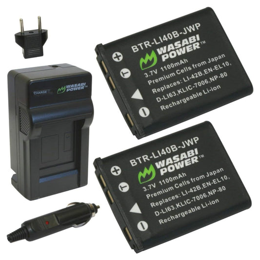 Wasabi Power (2-Pack) Olympus LI-40B LI-42B LI40B LI42B Battery and Charger with Built-In Fold Out US Plug, Car Charger and Euro Plug Adapter for Tough TG-310 TG-320 Stylus 7000 7010 7030 7040 and Other Olympus Digital Camera