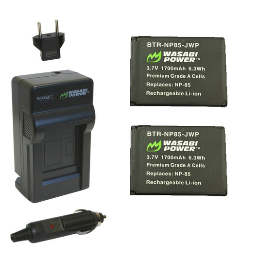 Wasabi Power (2-Pack) FUJIFILM NP-85 NP85 Battery and Charger with Built-In Fold Out US Plug, Car Charger and Euro Plug Adapter for FUJI FinePix S1 SL240 SL260 SL280 SL300 SL305 SL1000 Digital Camera