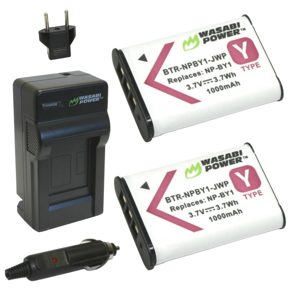 Wasabi Power (2-Pack) SONY NP-BY1 NPBY1 Battery and Charger with Fold Out US Plug, Car Charger and Euro Plug Adapter for Sony HDR-AZ1 Action Cam Mini Camera