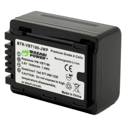 Wasabi Power VW-VBT190 VWVBT190 (2 Pack) 3.6V 1940mAh Camcorder Battery and Charger Kit with Power Indicator, Built-In Fold Out US Plug, Car Charger & Euro Plug Adapter for Panasonic VW-VBK180 and HC-V110 HC-V510 V770K W580K HC-WXF991 Video Camera