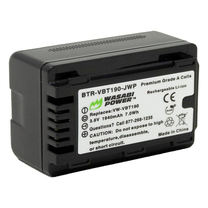 Wasabi Power VW-VBT190 VWVBT190 (2 Pack) 3.6V 1940mAh Camcorder Battery and Charger Kit with Power Indicator, Built-In Fold Out US Plug, Car Charger & Euro Plug Adapter for Panasonic VW-VBK180 and HC-V110 HC-V510 V770K W580K HC-WXF991 Video Camera