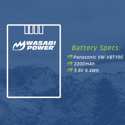 Wasabi Power VW-VBT190 VWVBT190 (2 Pack) 3.6V 1940mAh Camcorder Battery and Charger Kit with Power Indicator, Built-In Fold Out US Plug, Car Charger & Euro Plug Adapter for Panasonic VW-VBK180 and HC-V110 HC-V510 V770K W580K HC-WXF991 Video Camera