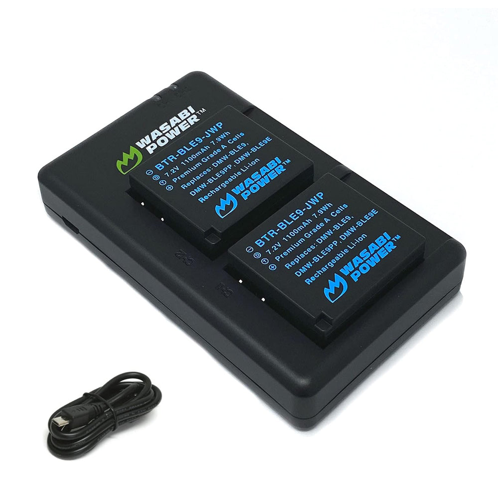 Wasabi Power DMW-BLE9 BLE9 7.2V (2 Pack) 1100mAh Battery and Dual Charger Kit with Power Indicators, USB Micro / Type-C Ports for Panasonic DMW-BLE9E DMW-BLE9PP DMW-BLG10 and Lumix DMC-GF3 GX9 G100 LX100 II ZS200 TZ95 Digital Camera