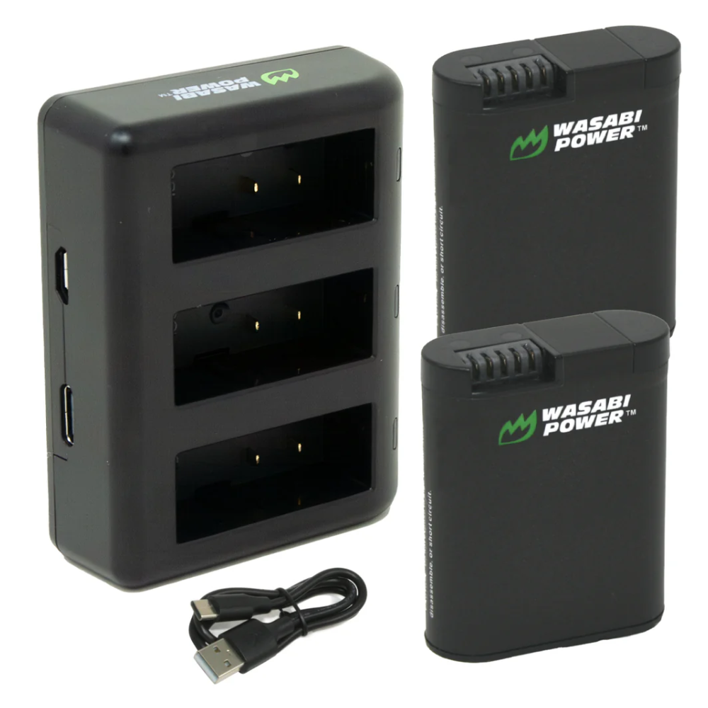 Wasabi Power (2 Pack) 3.85V 1900mAh Rechargeable Battery and Triple Bay Charger with LED Power Indicators, USB Micro and Type-C Ports for GoPro HERO 13 Black Action Camera
