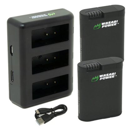 Wasabi Power (2 Pack) 3.85V 1900mAh Rechargeable Battery and Triple Bay Charger with LED Power Indicators, USB Micro and Type-C Ports for GoPro HERO 13 Black Action Camera