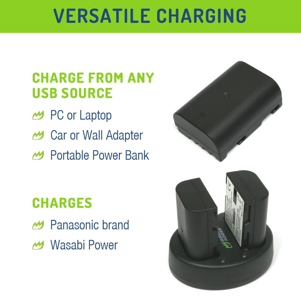 Wasabi Power (2-Pack) Panasonic DMW-BLF19 DMWBLF19 Battery and Dual Charger with USB-A to Micro USB Charging Cable for Panasonic Lumix DMC-GH3 DMC-GH4 DC-GH5 DC-GH5S and DC-G9 Mirrorless Camera