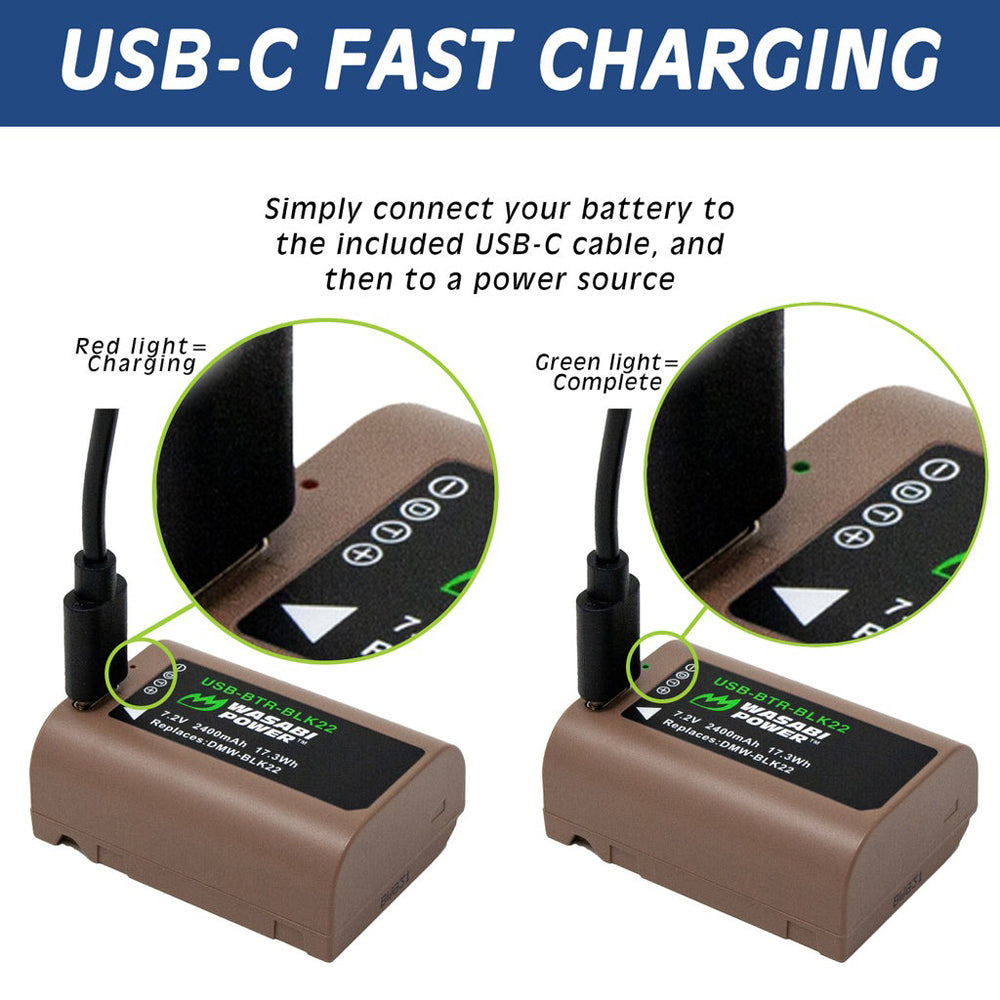 Wasabi Power DMW-BLK22 BLK22 Type 7.2V 2400mAh Lithium-Ion Battery with Direct USB Type-C Fast Charging Port for Panasonic Lumix DC-G9 II DC-S5 DC-S5 II DC-S5 IIX GH5 II GH6 Mirrorless Camera