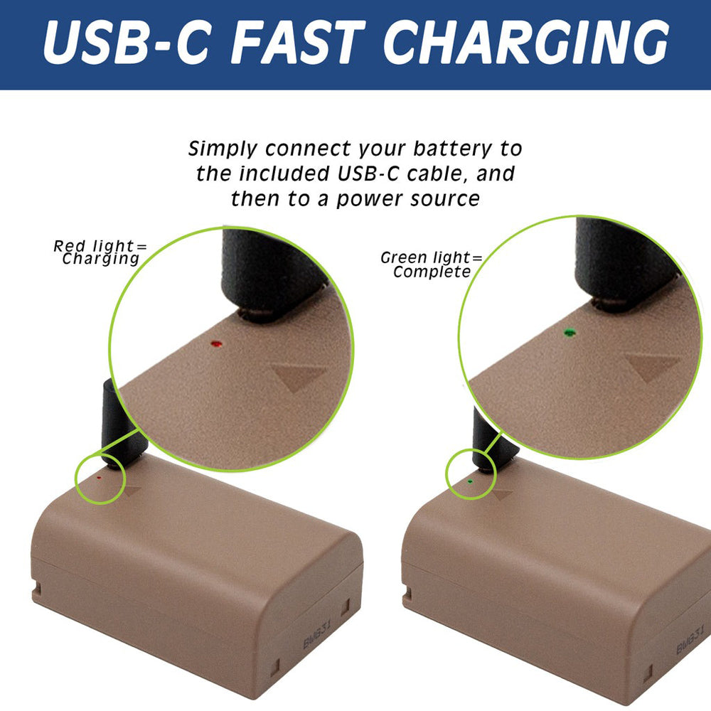 Wasabi Power BLX-1 7.2V 2400mAh Lithium-Ion Battery with USB -C Fast Charging Direct Port for Olympus BLX1 and OM System Mirrorless Camera | USB-BTR-BLX1