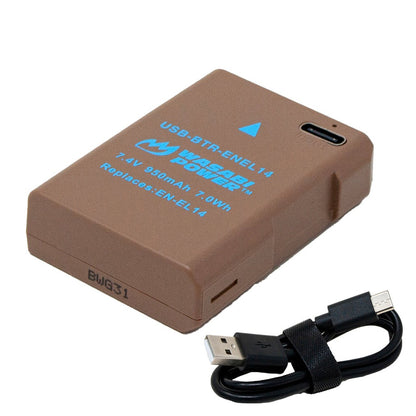 Wasabi Power EN-EL14 Type 7.4V 950mAh Lithium-Ion Fully Decoded Battery with USB Type-C Direct Charging Port for Select Nikon Coolpix Digital Camera | USB-BTR-ENEL14