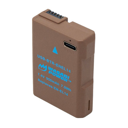 Wasabi Power EN-EL14 Type 7.4V 950mAh Lithium-Ion Fully Decoded Battery with USB Type-C Direct Charging Port for Select Nikon Coolpix Digital Camera | USB-BTR-ENEL14