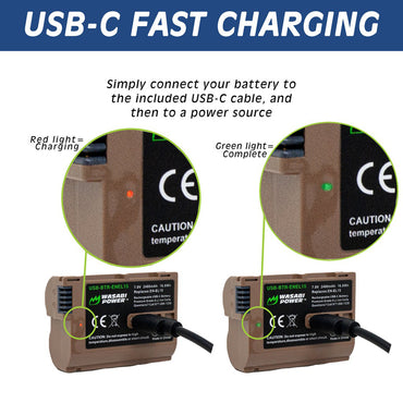 [CLEARANCE] Wasabi Power EN-EL15 Type 7.2V 2400mAh Lithium-Ion Battery ENEL15, EN-EL15a, EN-EL15b, EN-EL15c with Direct USB Type-C Fast Charging Port for Nikon DSLR 1 V1, D500 D600 D750 D800E D7000 and Z5 Z6 Z6II Z7 Z7II Z8 Mirrorless Camera