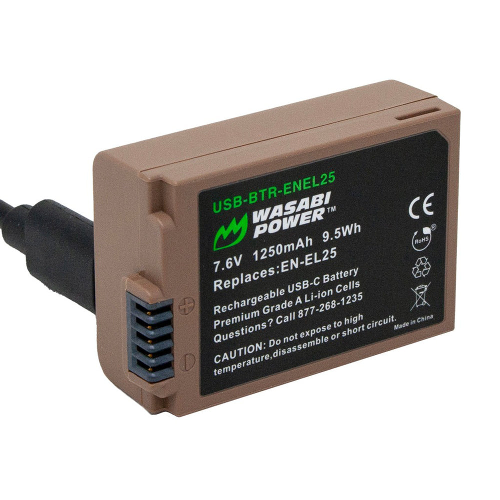 Wasabi Power EN-EL25 ENEL25 Type 7.6V 1250mAh Lithium-Ion Fully Decoded Battery with USB Type-C Direct Charging Port for Nikon Z 30 / Z30, Z 50 / Z50, Z fc / Zfc Mirrorless Camera