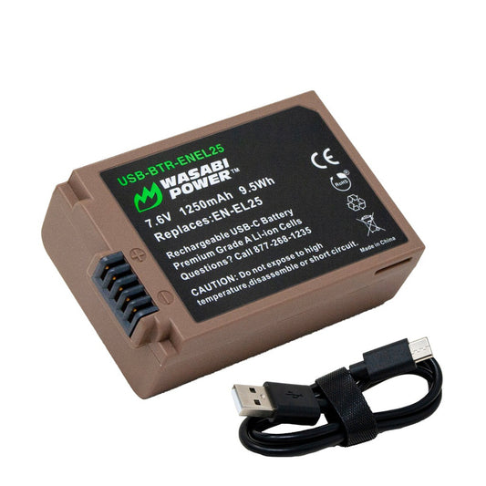 Wasabi Power EN-EL25 ENEL25 Type 7.6V 1250mAh Lithium-Ion Fully Decoded Battery with USB Type-C Direct Charging Port for Nikon Z 30 / Z30, Z 50 / Z50, Z fc / Zfc Mirrorless Camera