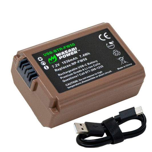 Wasabi Power Sony NP-FW50 NPFW50 Battery with USB Type C Fast Direct Charging for Sony Alpha a7 II a7R II a7S II a6500 a6400 a6300 a6000 NEX-F3 NEX-C3 NEX-7 NEX-6 NEX-5 NEX-3 and ZV-E10 Digital Camera