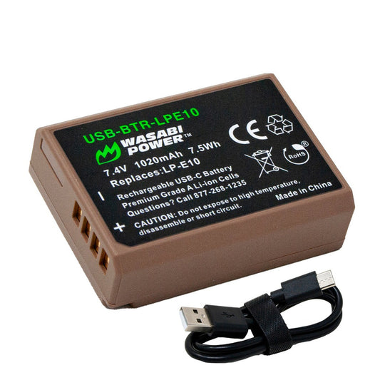 Wasabi Power Canon LP-E10 LPE10 Battery with USB Type C Fast Direct Charging for Canon EOS 4000D 3000D 2000D 1500D 1300D 1200D 1100D, Rebel T100 T7 T6 T5 T3, Kiss X90 X80 X70 X50 DSLR Camera