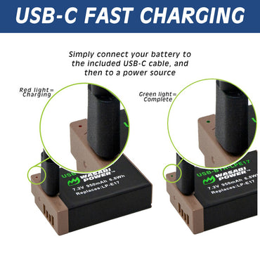 Wasabi Power Canon LP-E17 LPE17 Battery with USB Type C Fast Direct Charging for Canon 77D, M3, M5, M6, M6 Mark II, R10, R100, R50, R8, RP, 200D, 750D, 760D, 800D, and 850D Digital Camera