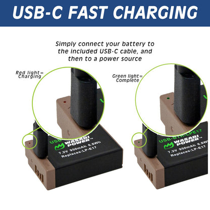 Wasabi Power Canon LP-E17 LPE17 Battery with USB Type C Fast Direct Charging for Canon 77D, M3, M5, M6, M6 Mark II, R10, R100, R50, R8, RP, 200D, 750D, 760D, 800D, and 850D Digital Camera