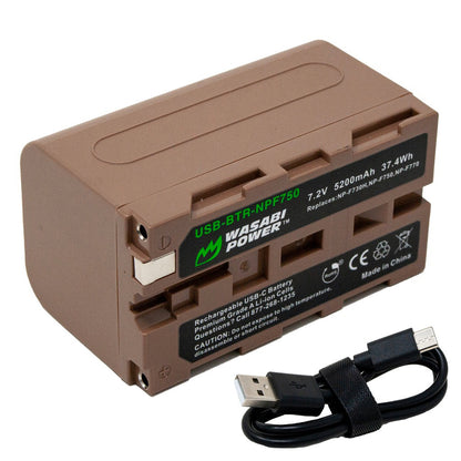 [CLEARANCE] Wasabi Power NP-F750 Type 7.2V 5200mAh Lithium-Ion Battery with Power Indicator, Direct USB Type-C Charging Port for Select Sony HandyCam Camcorder Video Camera | USB-BTR-NPF750
