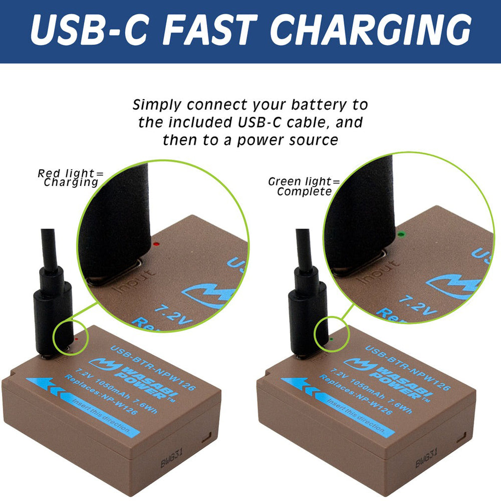 Wasabi Power NP-W126 NPW126 7.2V 1050mAh Lithium-Ion Battery with Direct USB Type-C Charging Port for Fujifilm HS30EXR, X-A1 X-A2 X-A3, X-Pro1X-Pro2 X-Pro3, X-T10 X-T20 X-T30, X-T20 and X100F, X100V Mirrorless Camera