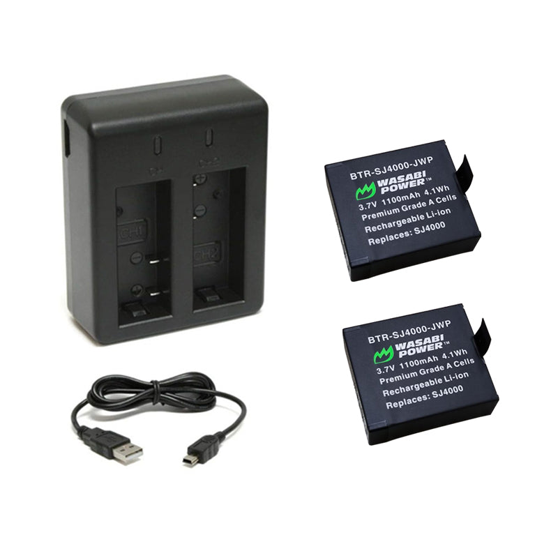 Wasabi Power SJCam (2 Pack) 3.7V 1100mAh Battery with USB Micro / Mini Dual Charger replaces GP137, PG900, PG1050 for SJ-4000 SJ5000, SJ6000 Action Camera