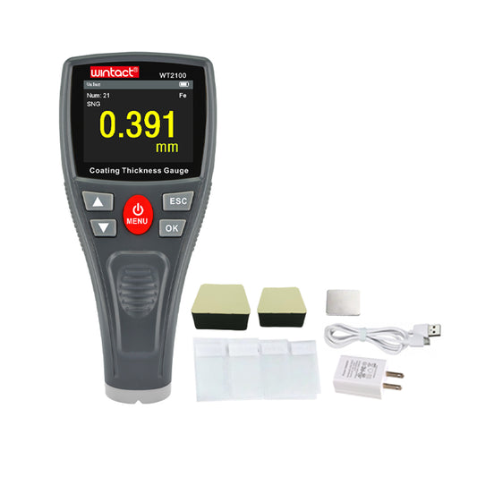 Wintact WT2100 Digital Paint Thickness Gauge with Colored HD LCD Display, Calibration Plates, and Single / Continuous Measurement Settings