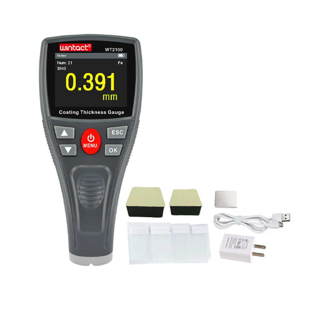 [CLEARANCE] Wintact WT2100 Digital Paint Thickness Gauge with Colored HD LCD Display, Calibration Plates, and Single / Continuous Measurement Settings