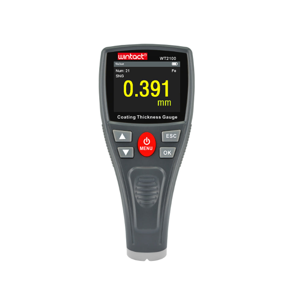 [CLEARANCE] Wintact WT2100 Digital Paint Thickness Gauge with Colored HD LCD Display, Calibration Plates, and Single / Continuous Measurement Settings