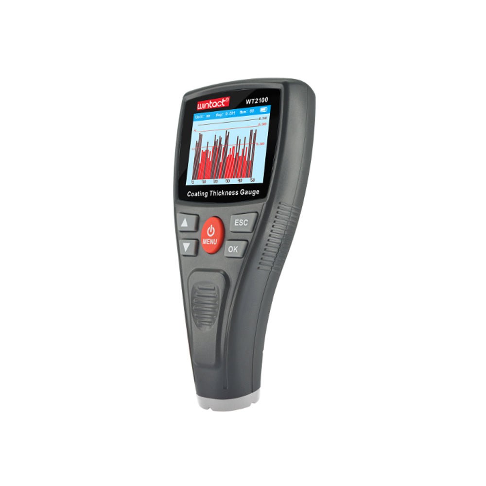 Wintact WT2100 Digital Paint Thickness Gauge with Colored HD LCD Display, Calibration Plates, and Single / Continuous Measurement Settings