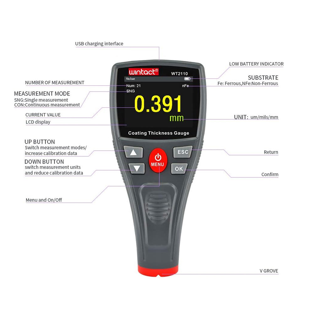 Wintact WT2110 / WT2110B Digital Paint Coating Thickness Gauge Meter with Colored HD LCD Display, Wired / Bluetooth Wireless Connectivity, Two Measurement Settings and Three Calibration | Blue, Red