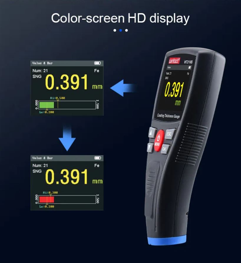 Wintact WT2110 / WT2110B Digital Paint Coating Thickness Gauge Meter with Colored HD LCD Display, Wired / Bluetooth Wireless Connectivity, Two Measurement Settings and Three Calibration | Blue, Red