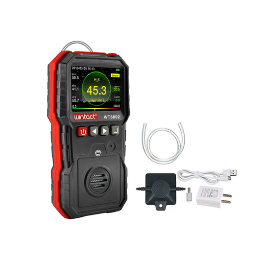 Wintact WT8802 Digital Hydrogen Sulfide Gas Monitor Meter with Detachable Funnel Plate, Acrylic Siphon Tube, Colored LCD Monitor, and Micro USB Charger / Data Cable